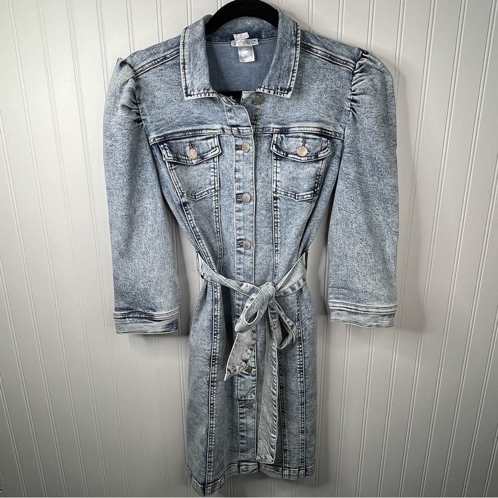 VENUS Blue Denim Dress Button Down Stretchy Midi Tie Waist Puff Sleeve Size 8 - Picture 2 of 8